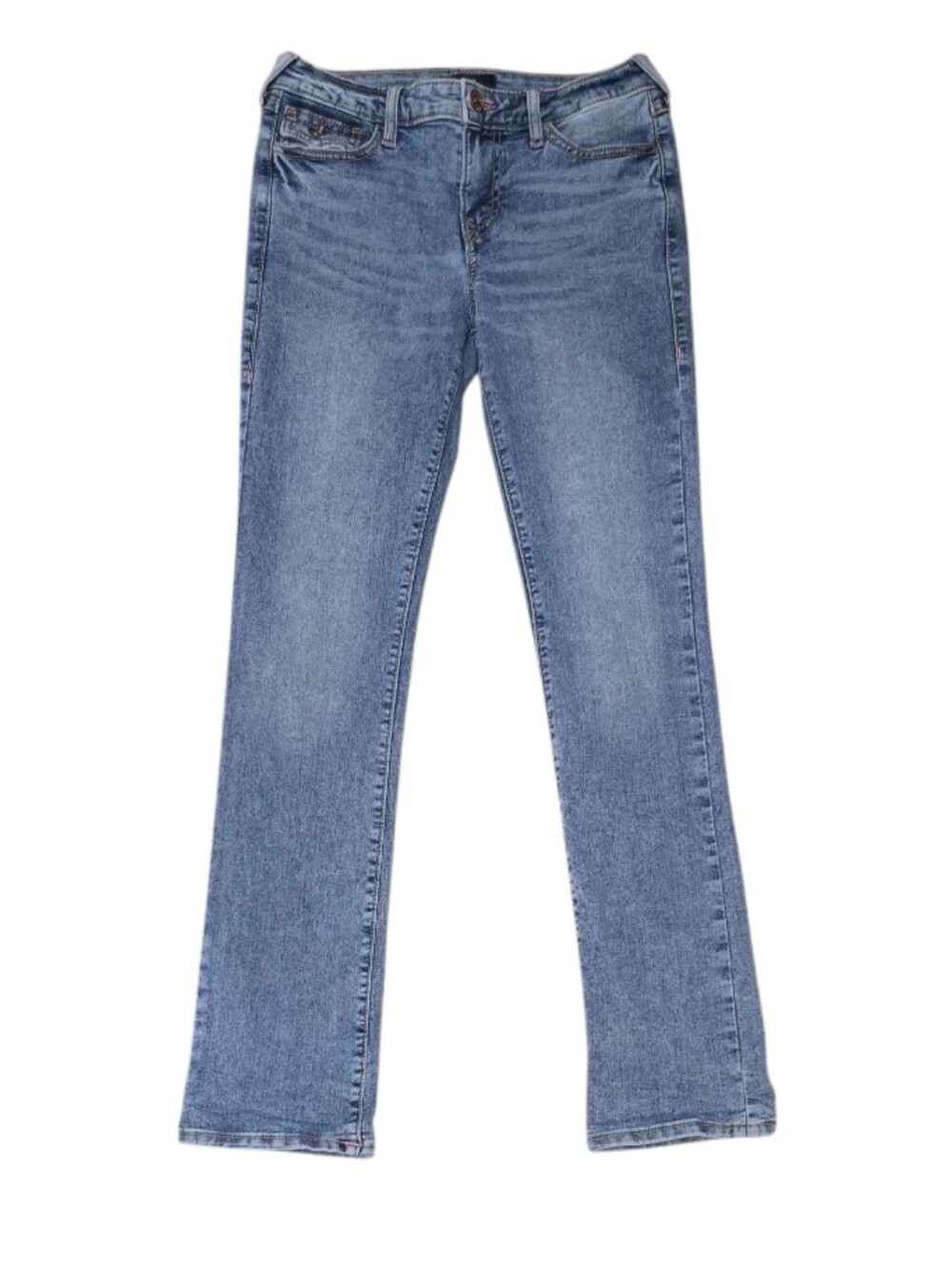 True Religion Billie Mid Rise Flap Pocket Super Stretch Jeans Pink Stitch Sz 28